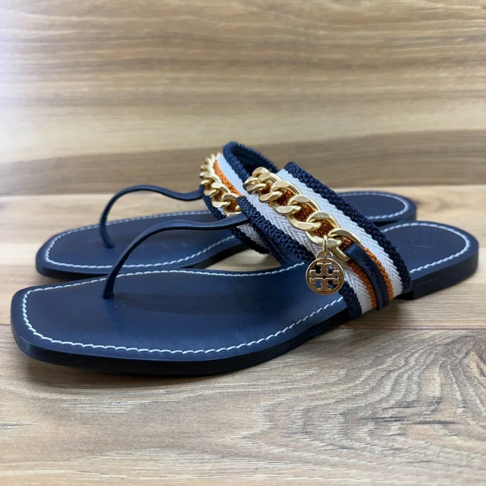 Tory Burch Benton Chain Flip Flops Womens 7 M Navy Blue Leather Gold Hardware